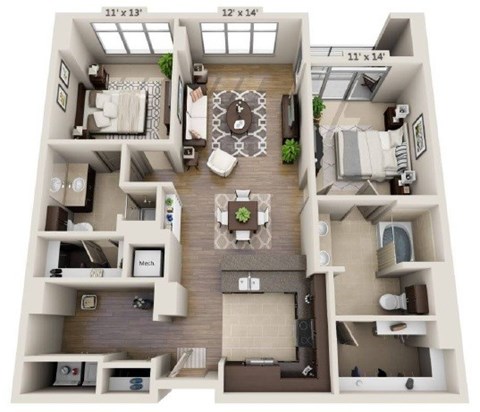 Floor plan for 2 beds, 2 baths, 1295 sqft